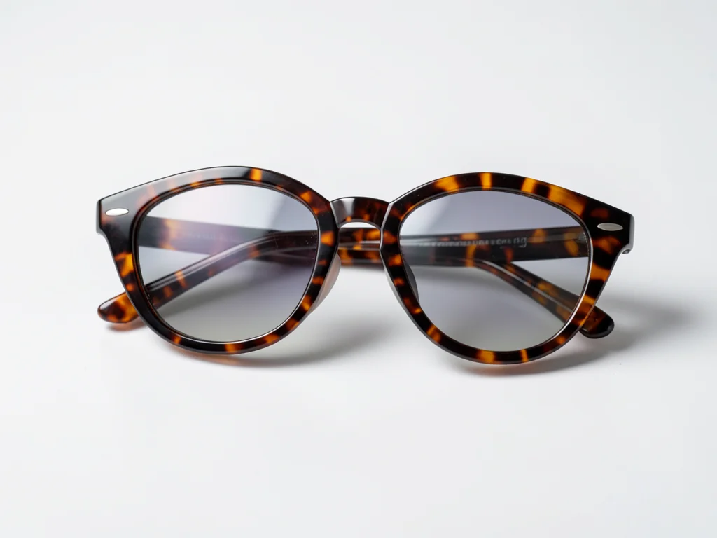 A pair of tortoiseshell sunglasses, folded, on a white surface, the lenses refle