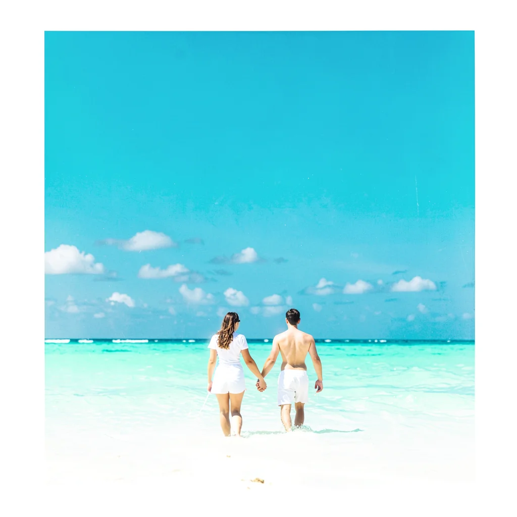 Expansive turquoise negative space, bleached whites, Two people holding hands wa