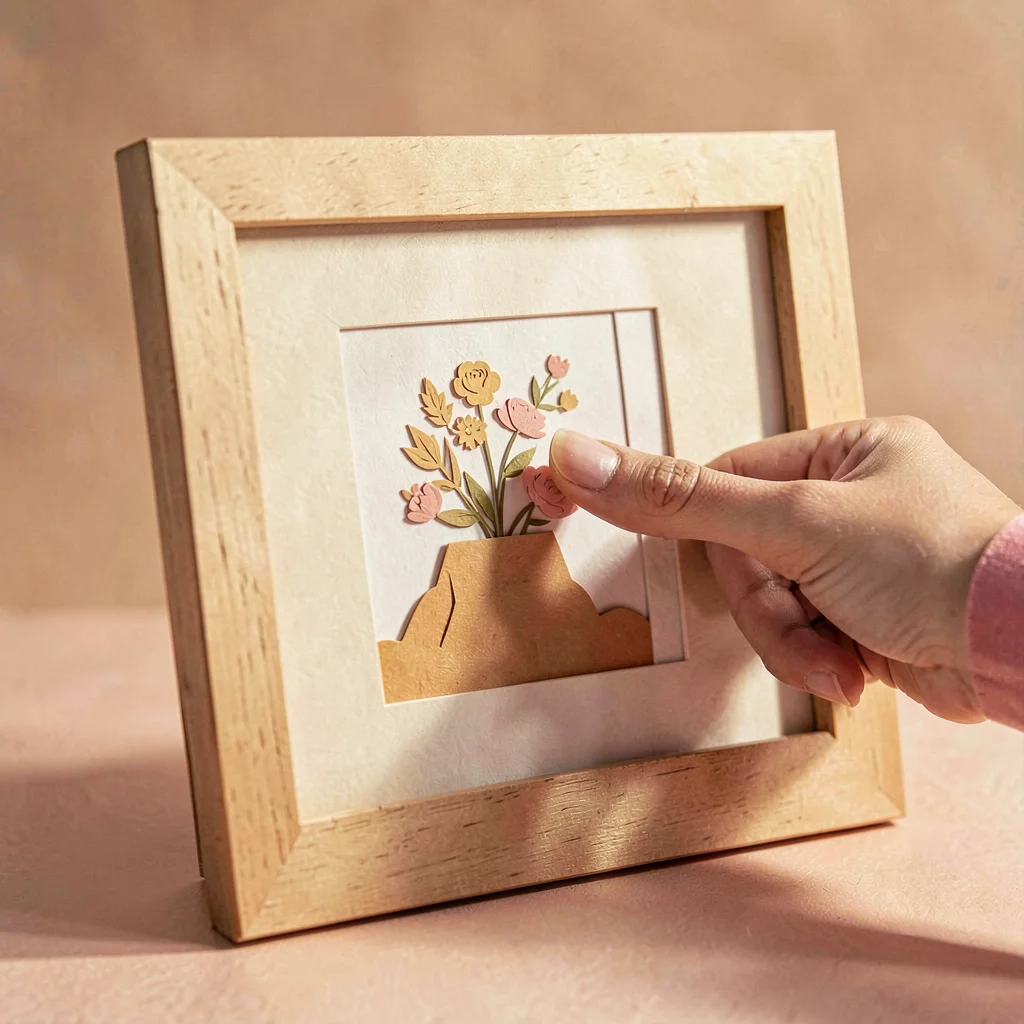 Papercraft hero of a layered paper-cut hand placing a print into a frame, warm h
