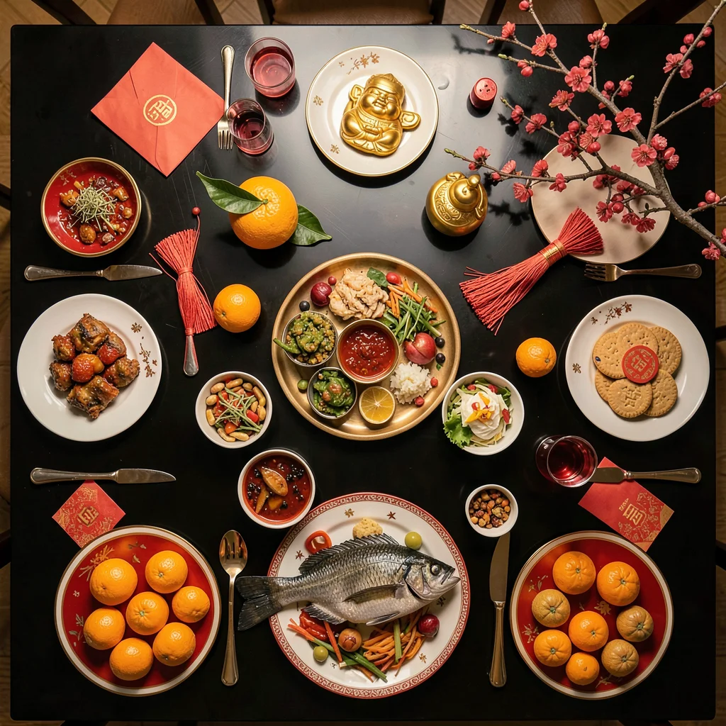 New Year Symbols Flat Lay on Lacquer