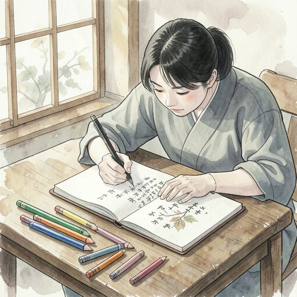 Person sketching in a notebook with colored pencils scattered around on a wooden