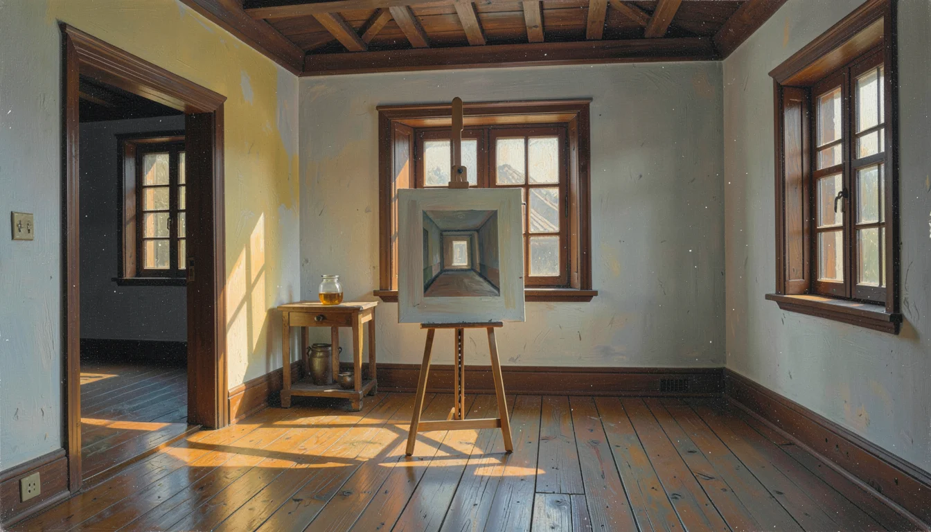 Oil painting of an interior, muted palette, the tradition of Northern European i