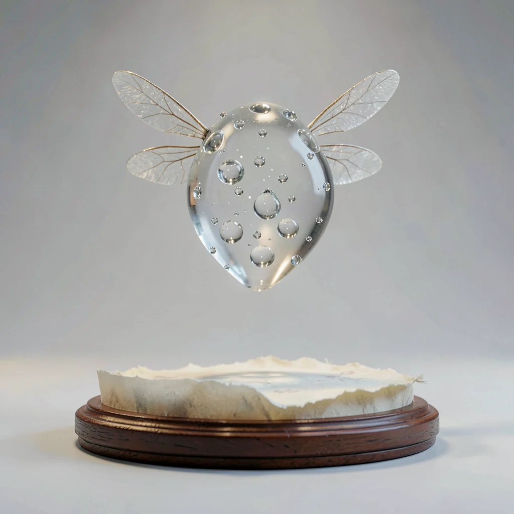 Dewdrop-sprite with translucent water-bead body and tiny dragonfly wings, hoveri
