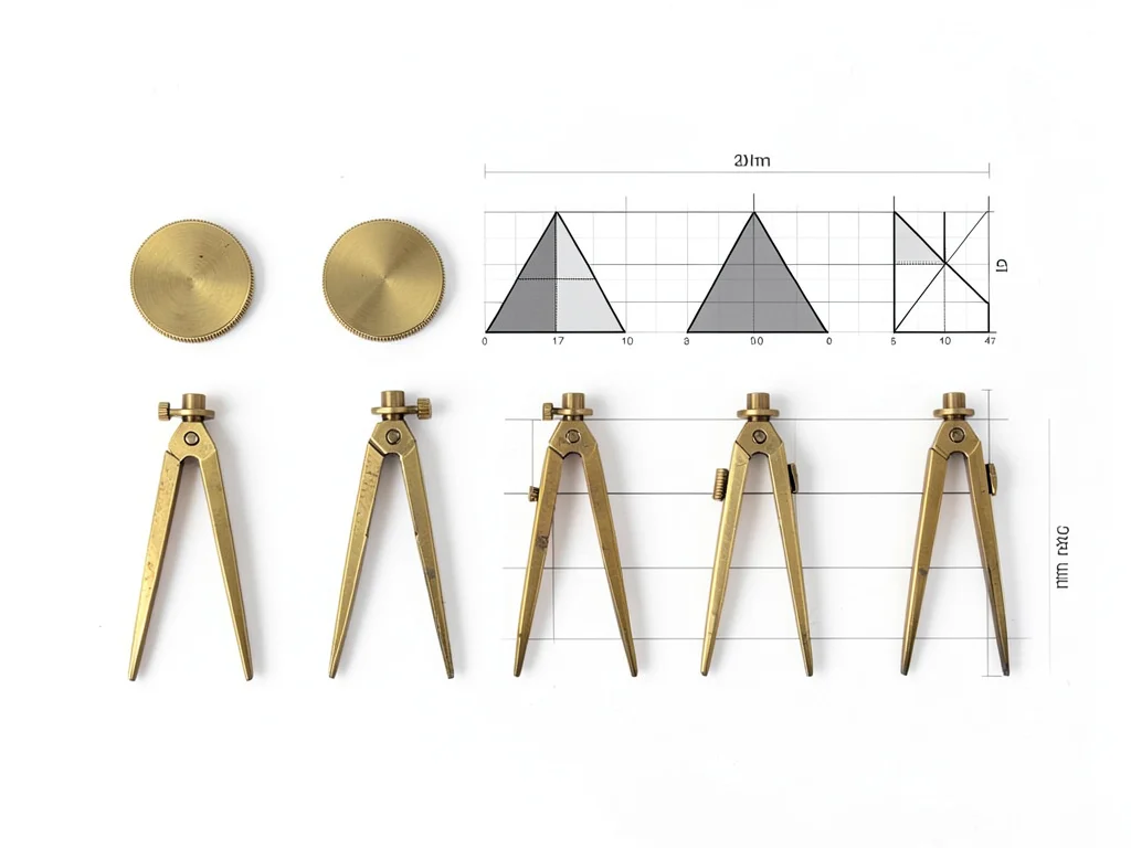 Row of drafting compasses arranged by size, brass on white background, top-down 