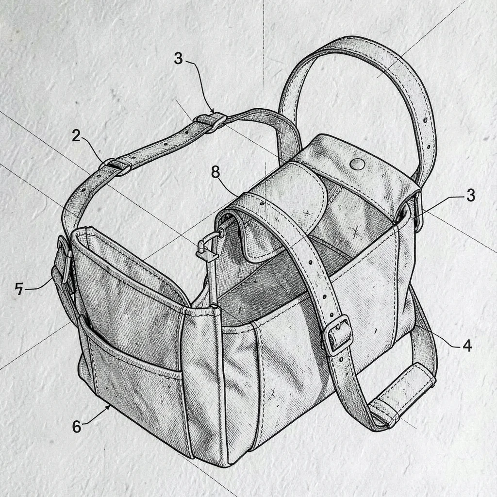 Exploded study of a weekender bag, leather panels, canvas body, hardware, strap,