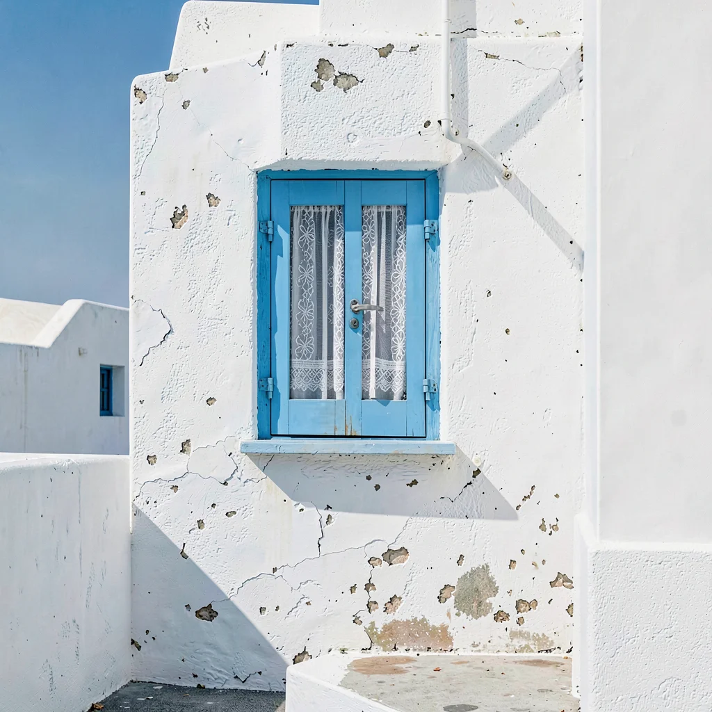 Cycladic whitewash study, Greek island lime, Blue shuttered window with white la