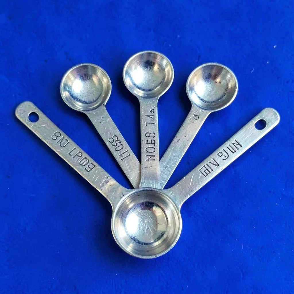 small aluminum measuring spoon set fanned out top-down on a saturated cobalt bac
