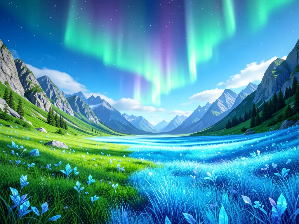 Valley where the grass transitions from green to crystalline blue, aurora boreal