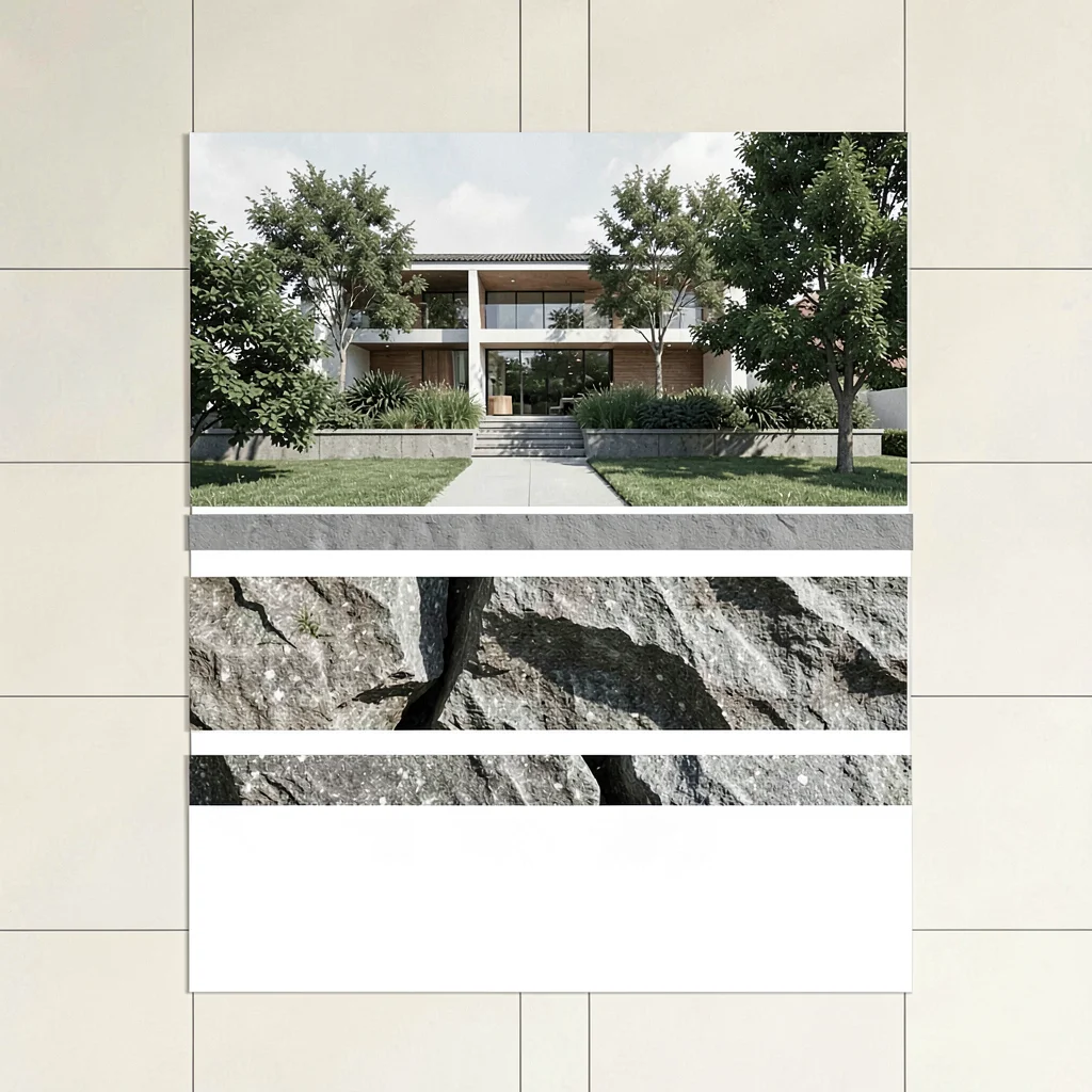 Stacked montage of an exterior render above a stone material study above a clean