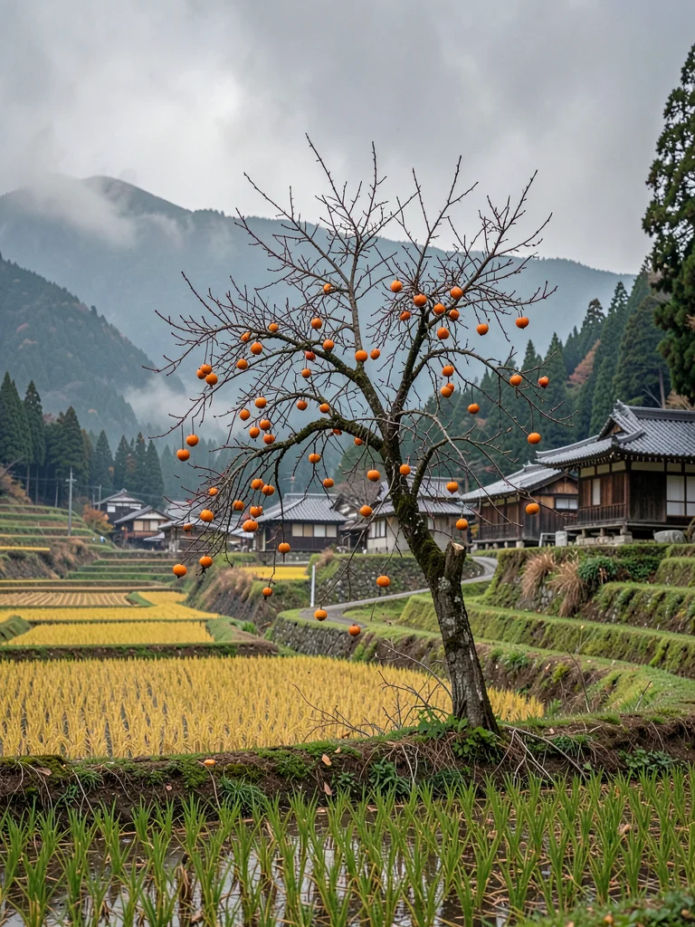 Lone Persimmon Tree Against Grey Sky