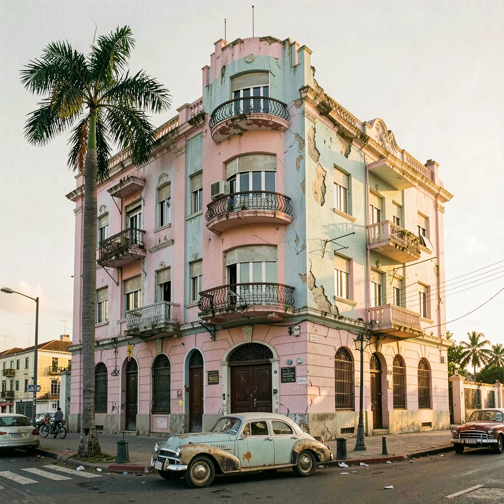 Faded pastel decay of Havana, Cuba, Vedado apartment building, art deco facade, 