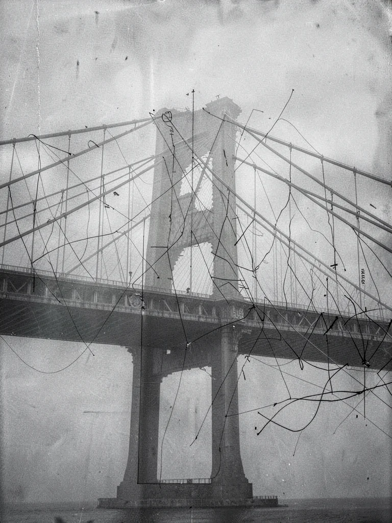 Bridge cables against fog, the mathematics of suspension becoming abstract art