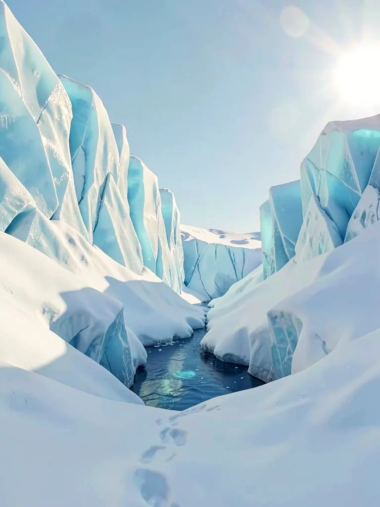 Snow fills the bottom of a crevasse in soft drifts, while higher walls remain gl