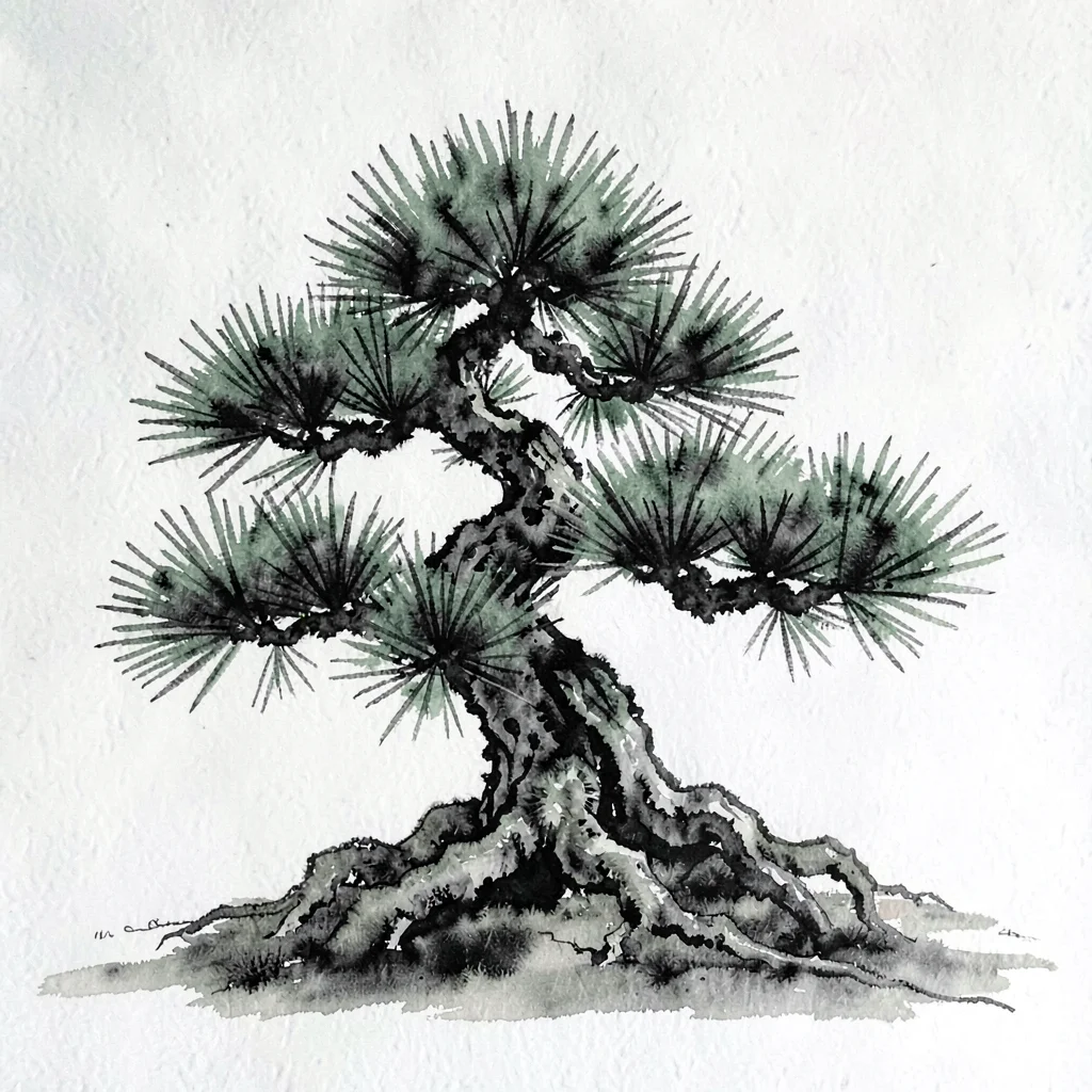 Painterly gouache of a black pine bonsai with deep needle clusters, charcoal and