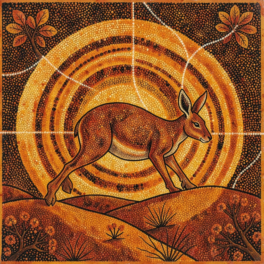 Indigenous Australian dot painting illustration, a kangaroo spirit traveling acr