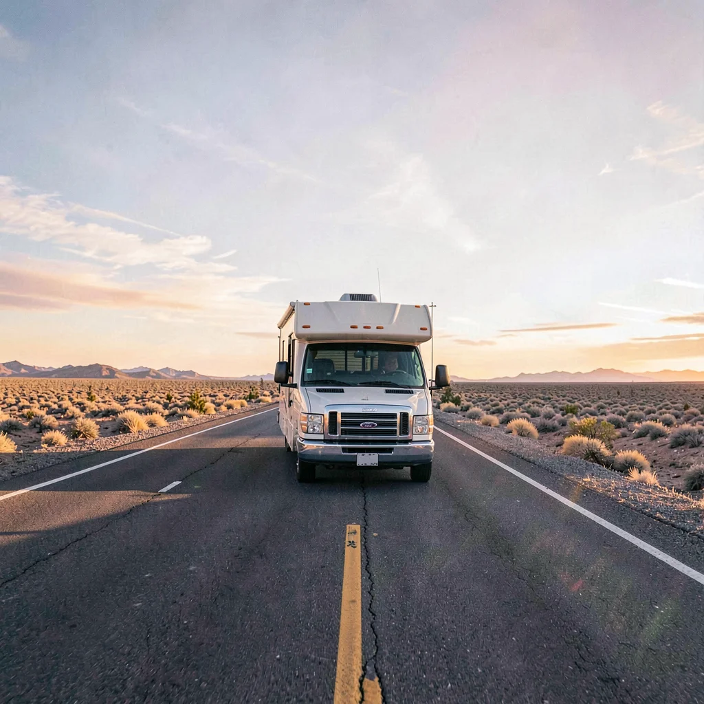Wide shot of an RV on an open desert highway with long shadows and pastel sky