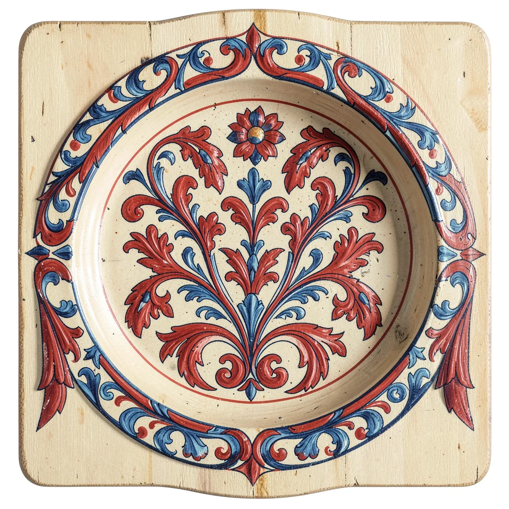 Scandinavian rosemaling illustration, a butter mold with decorative flora patter