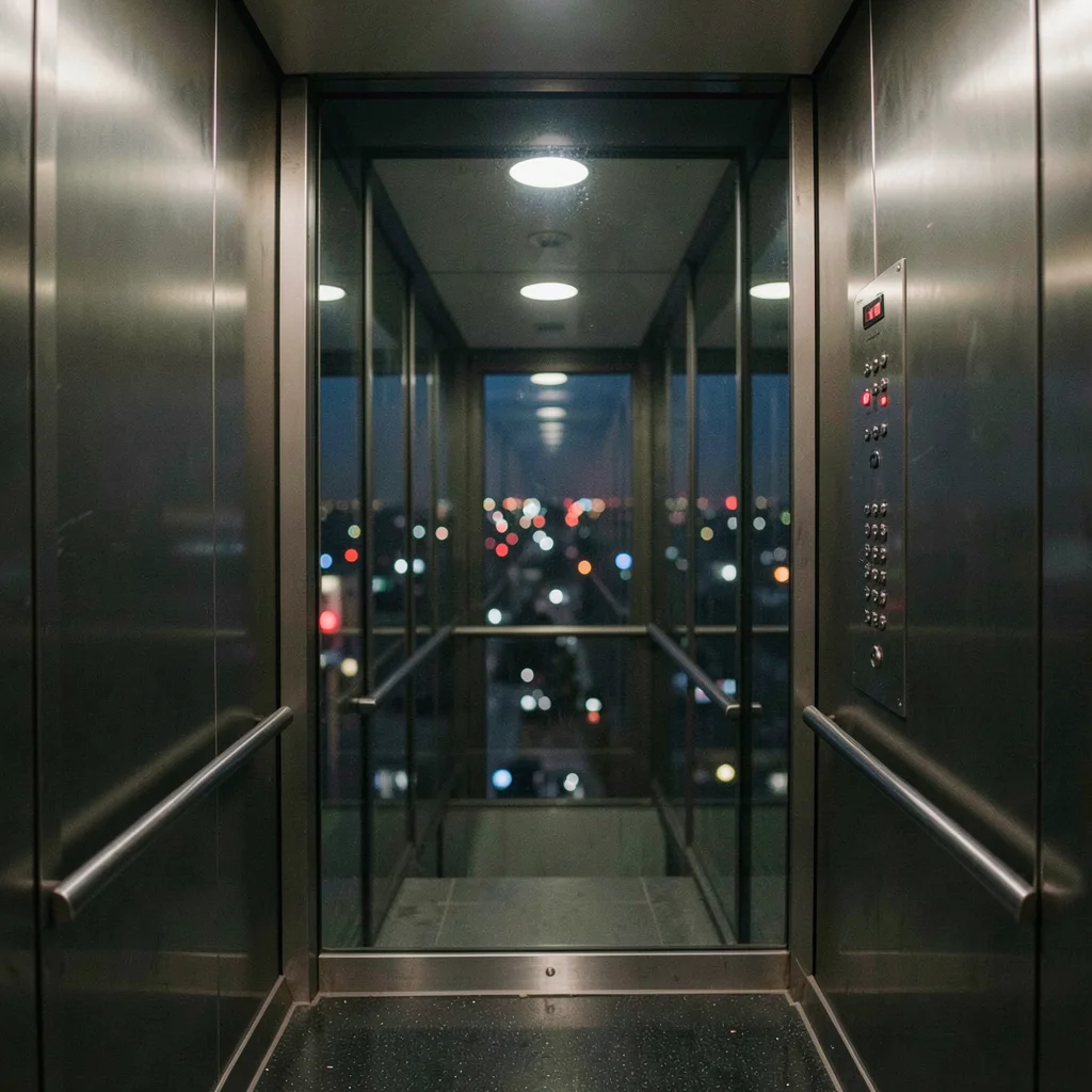 Glass exterior elevator ascending with city lights visible