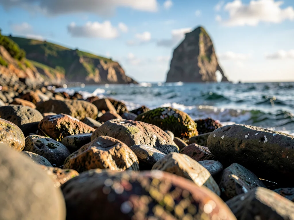 Rocky shore detail to distant sea stack