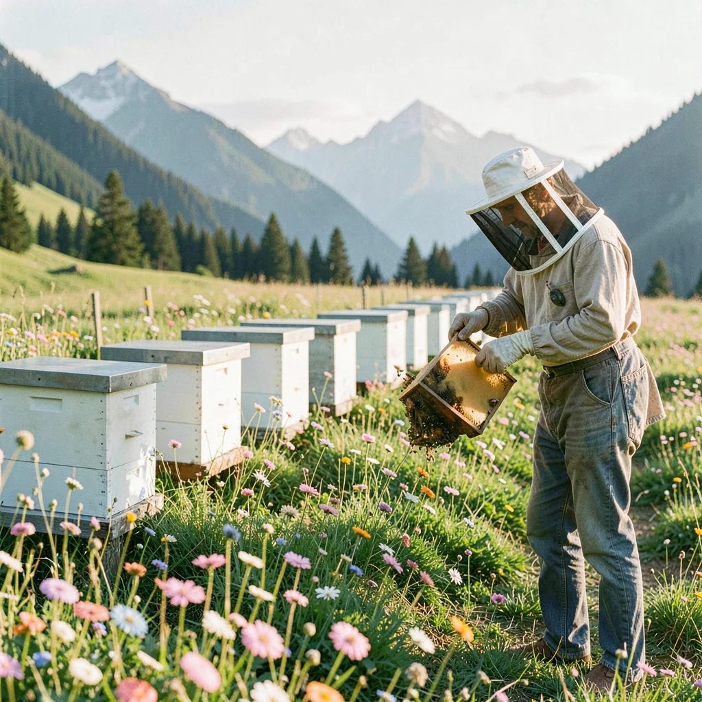 Fresh Alpine atmosphere, gentle pastoral quality, Beehives in row at edge of alp