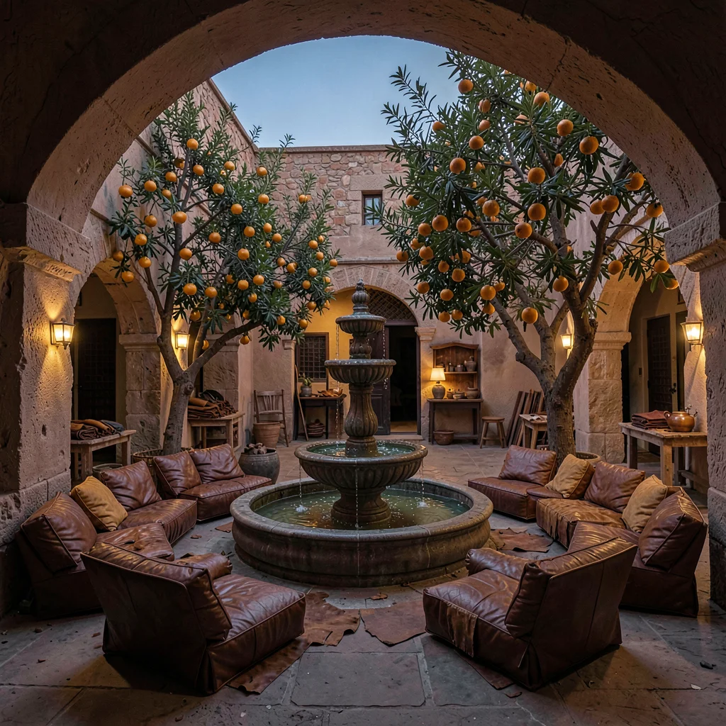 Through the Fes tannery eye, leather and dye craft, Riad courtyard at dusk, leat
