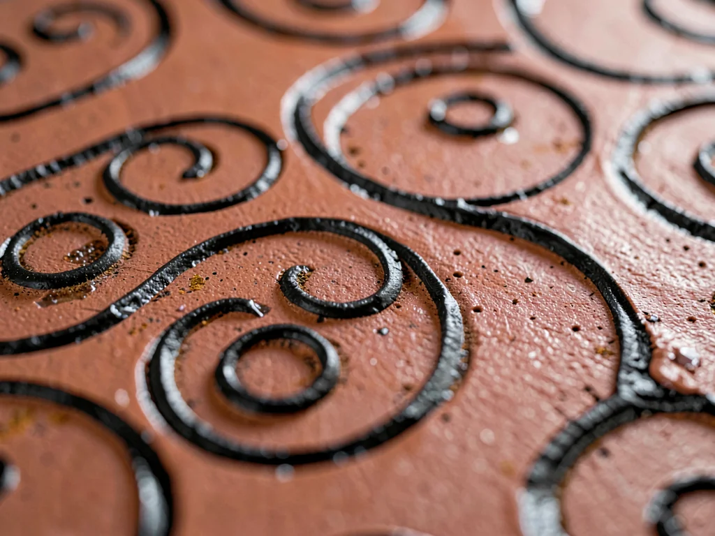 Sgraffito carved spirals through black slip on red earthenware, every loop revea