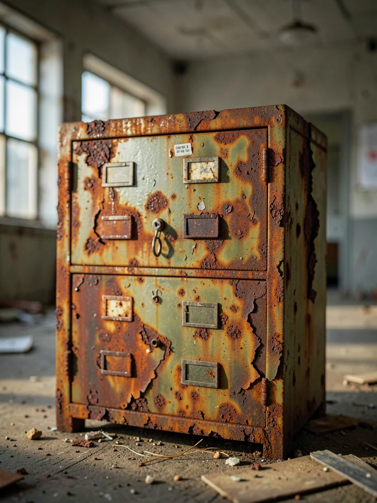 Rusted filing cabinet in abandoned office, bureaucratic decay