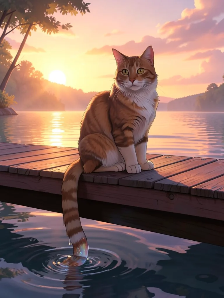 Cat with fish tail (mer-cat), sitting on dock, tail dangling in water, sunset