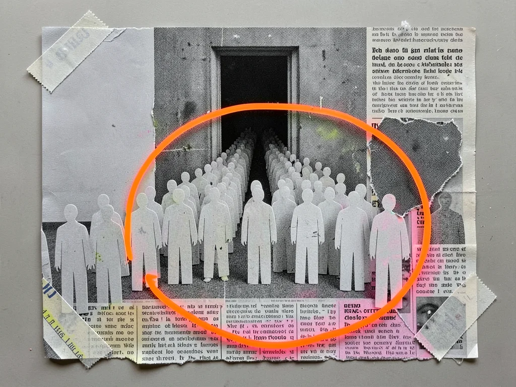 A halftone collage of a long queue of paper figures funneling into a single narr
