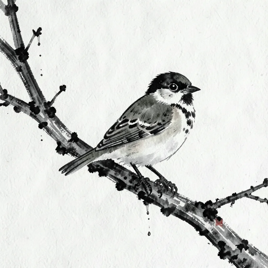 Sparrow twig sumi-e