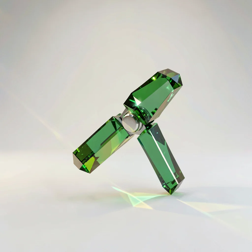 Polished peridot lowpoly clamp gripping a small faceted block with a tight green