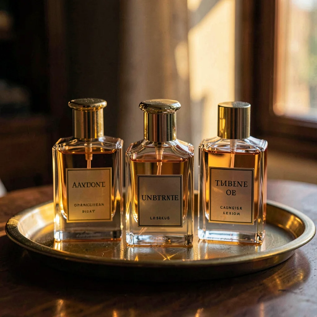 Warm portrait of three unbranded perfume bottles clustered on a brass tray, deep