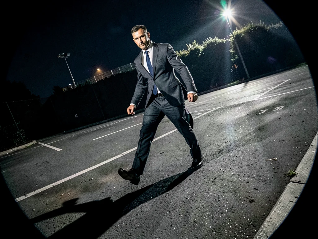 Businessman crossing empty parking lot at night, his shadow at wrong angle to hi