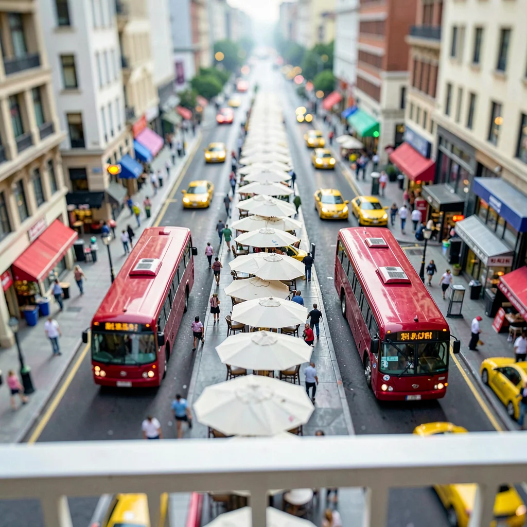 Looking out from a hotel balcony, tilt-shift photograph of a busy city street, s