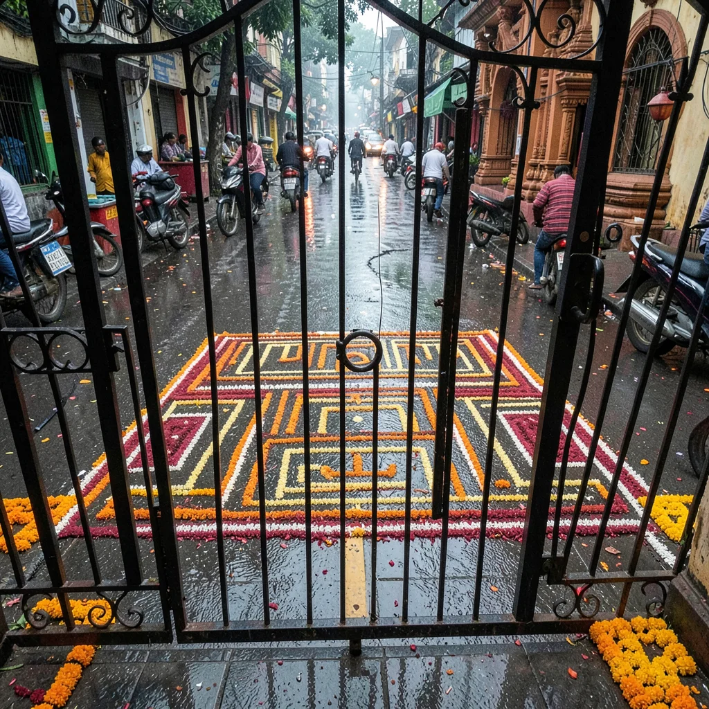 Looking down at Chennai's overlooked patterns, Kolam visible through wrought iro