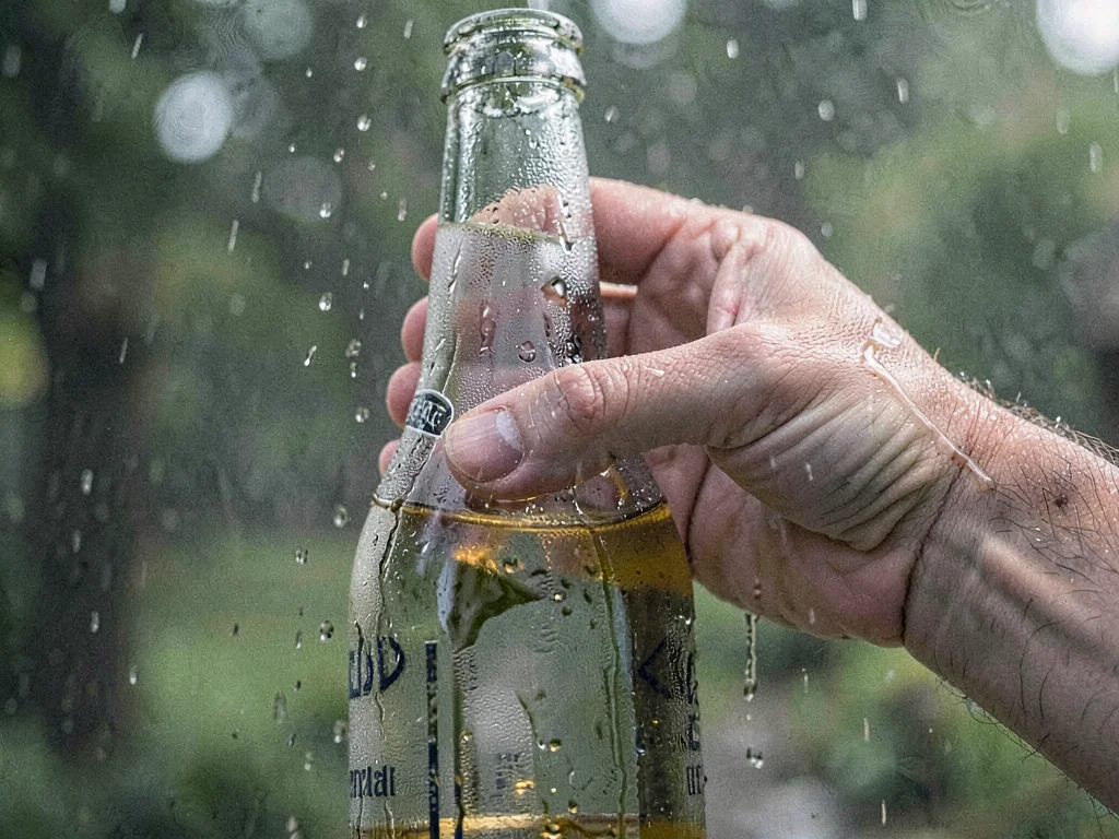Cold beer bottle frosted, hand grip leaving clear marks, condensation thick