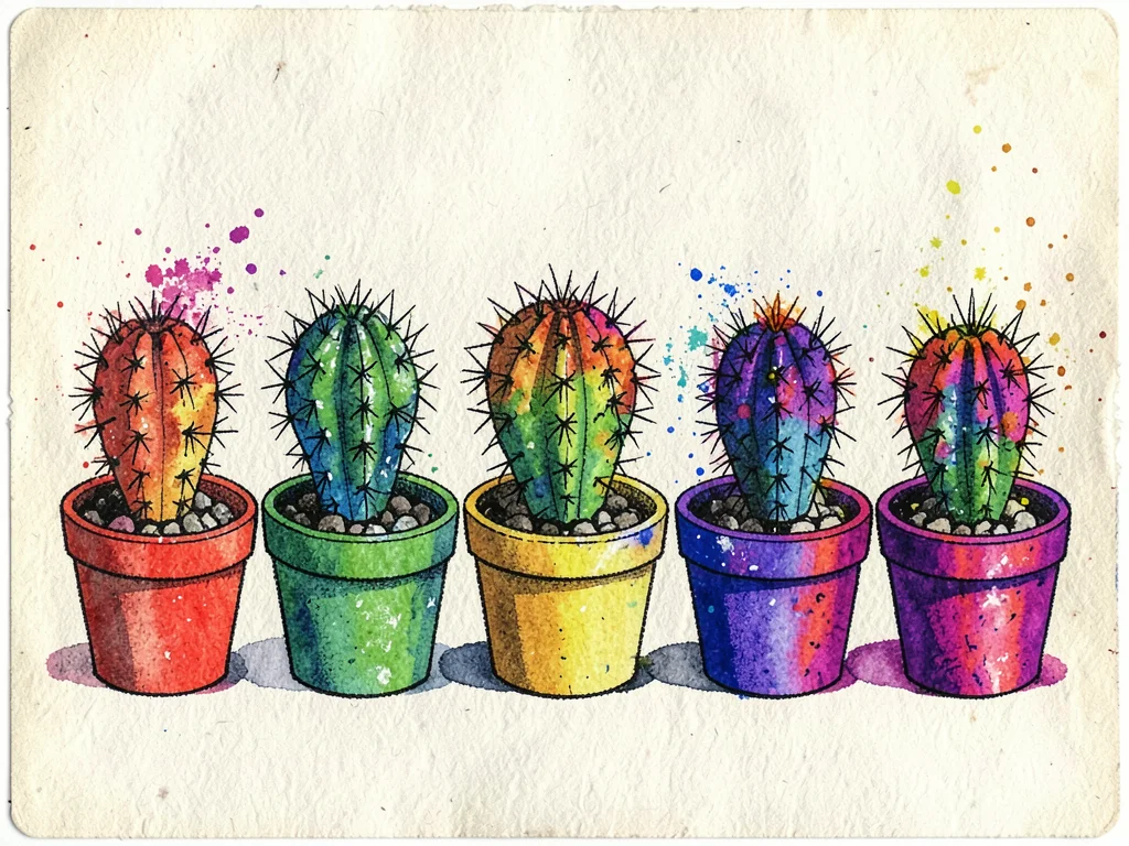 A row of small cactus specimens in individual pots, each in a different riso col