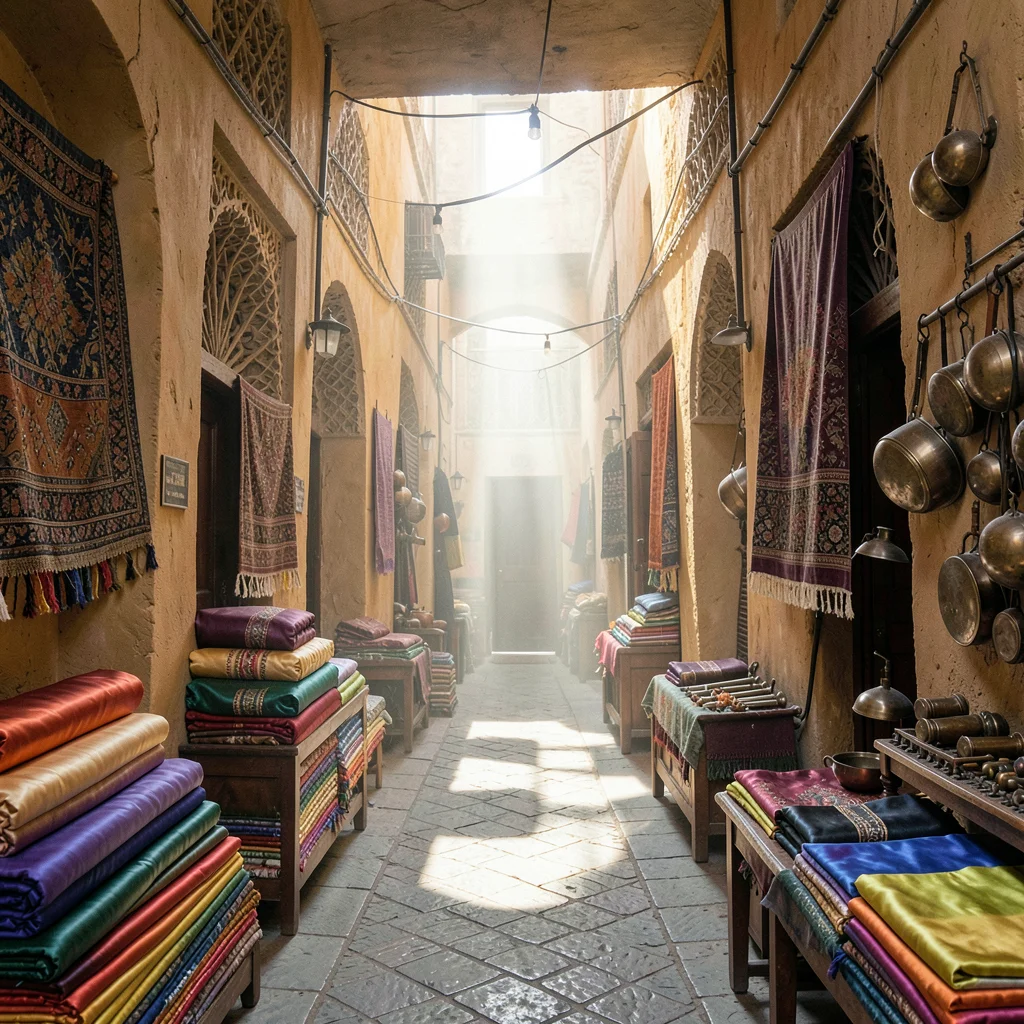 Fes medina light penetration, souk depth, stacked bolts of silk fabric in gradua