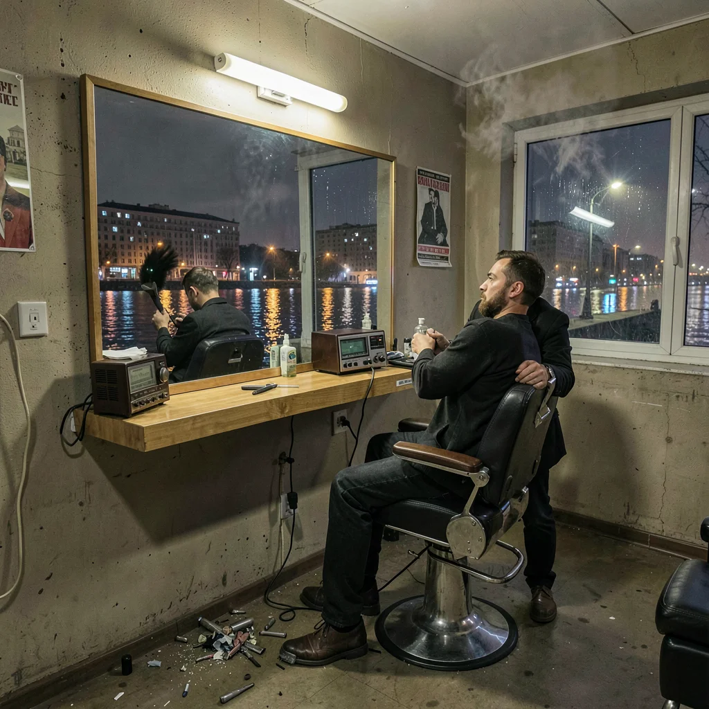 Belgrade brutalist night and Danube reflections, Barber shop interior with singl