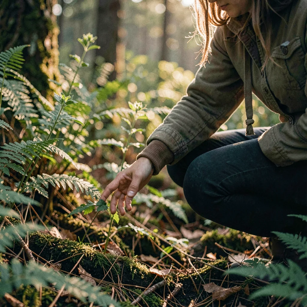 Moody view of a forager kneeling to identify a plant, hand reaching down through