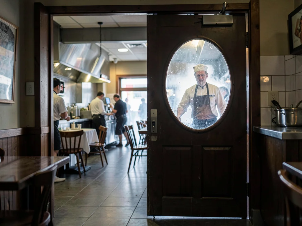 Restaurant kitchen door swinging with chef visible through round window, the fla