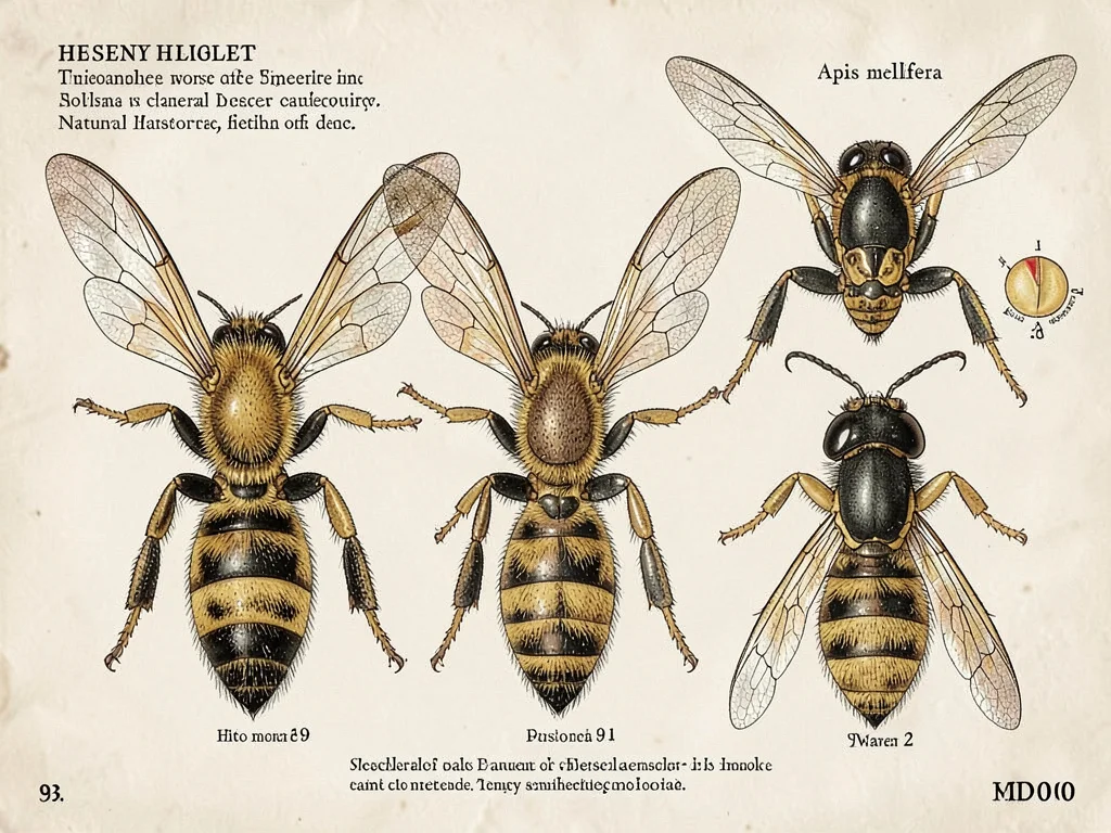 Honeybee castes entomological illustration