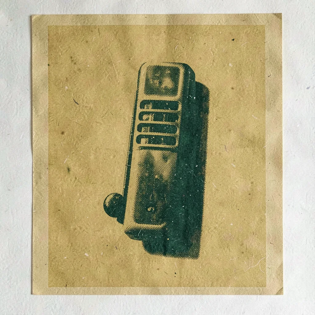 Bram-screenpress flyer of a halftone harmonica and music note in mustard and for