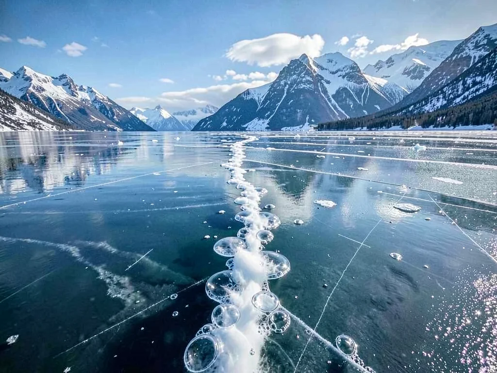 Bubble trail from bottom to surface frozen in time