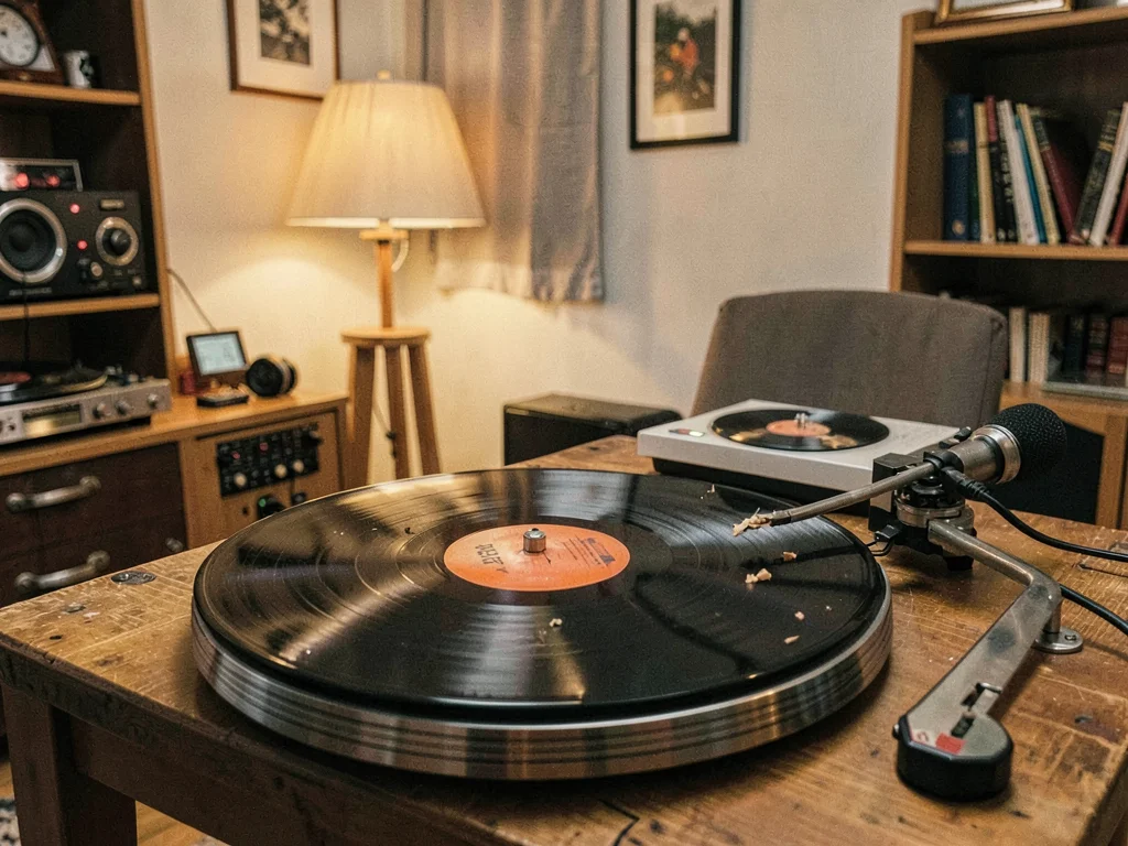 Record spinning on platter, slight warp visible, the imperfection that doesn't a
