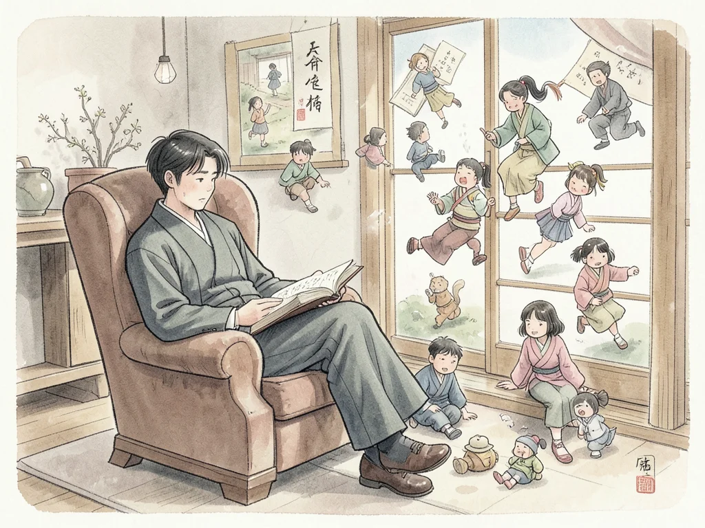 Reader in armchair, book open, story characters emerging and filling the room
