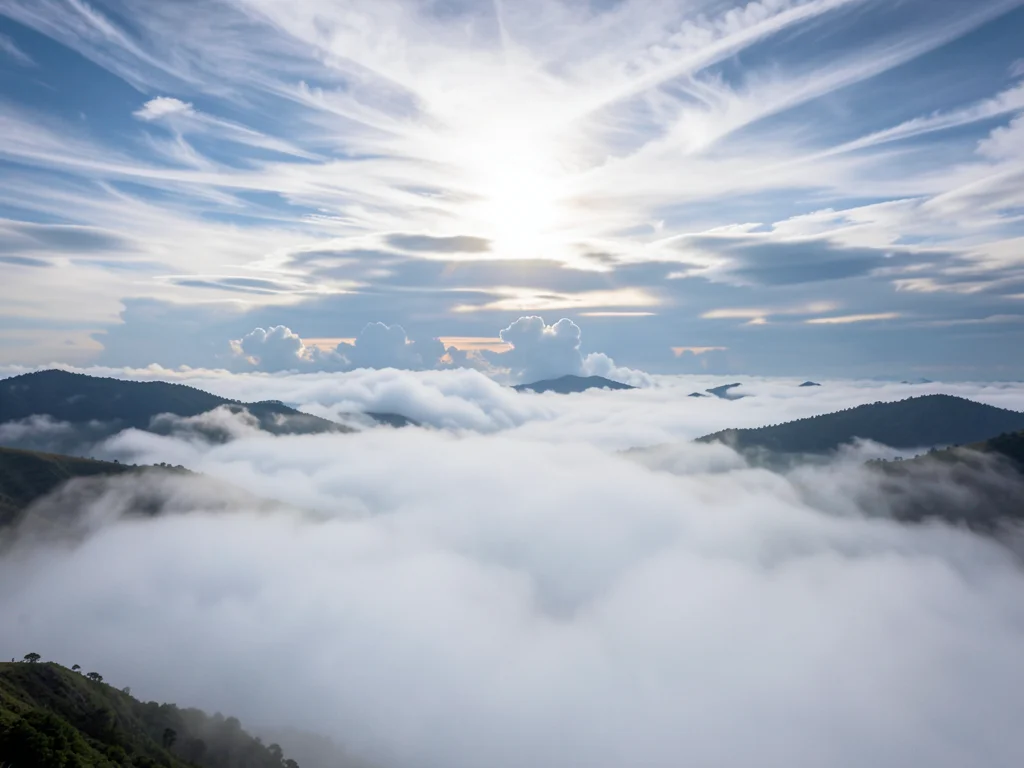 Morning fog in a valley — dense white layer filling the basin with hilltops emer
