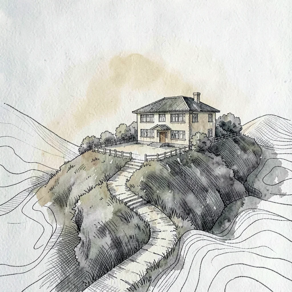 Precise pen-and-ink elevation of a small school perched on a hilltop, footpaths 
