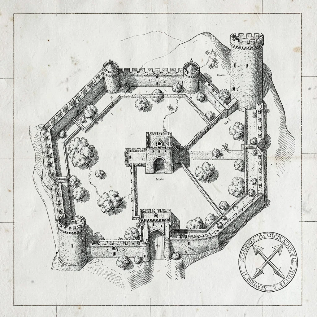 A medieval keep-and-bailey castle plan with motte, inner bailey, gatehouse, lord