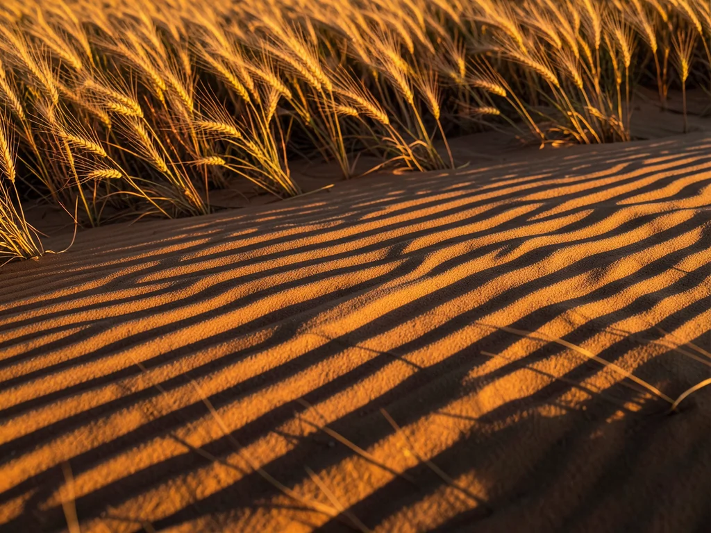 Windblown wheat field creating wave patterns, golden stalks bending in unison